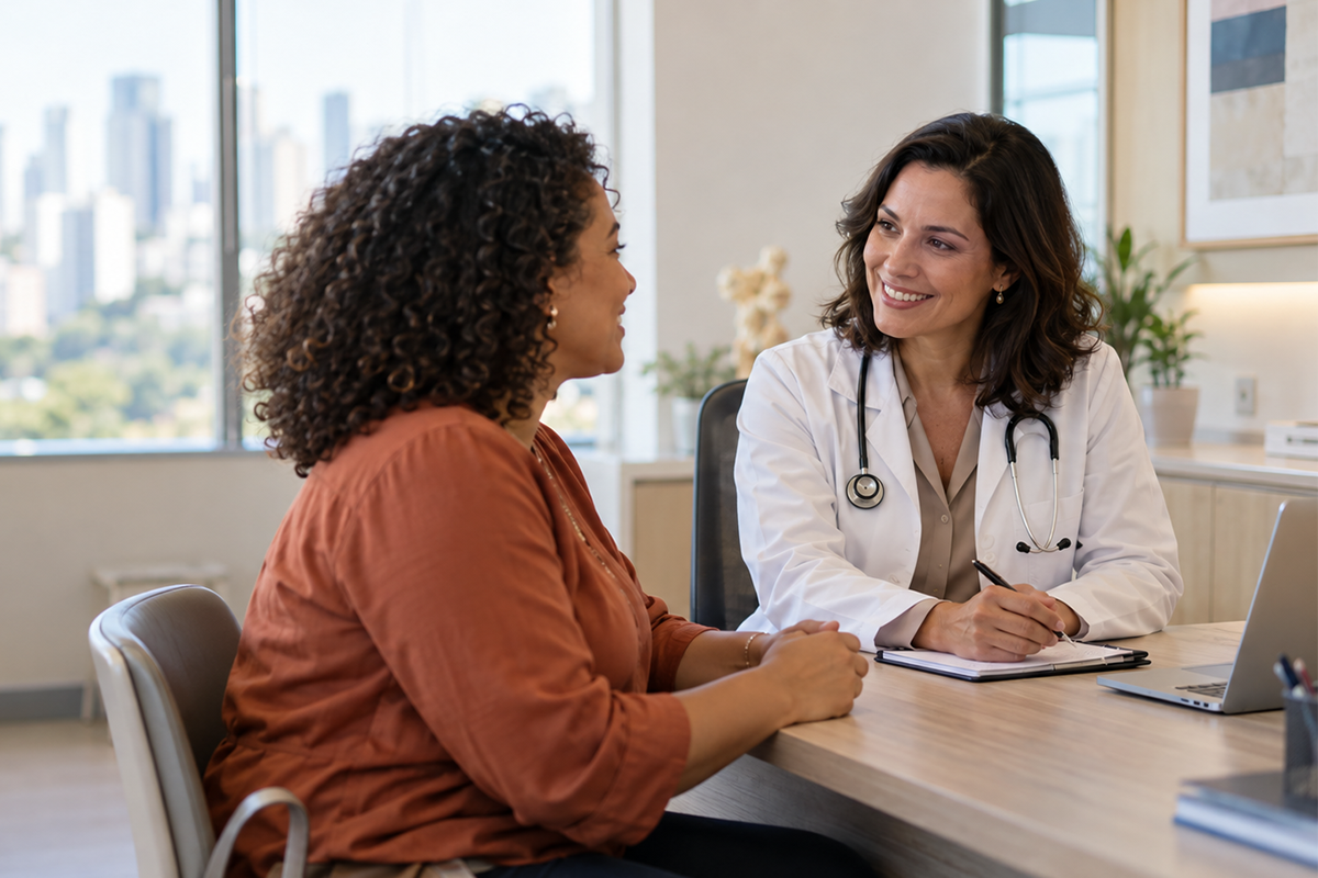 Paciente conversa com médica durante uma consulta