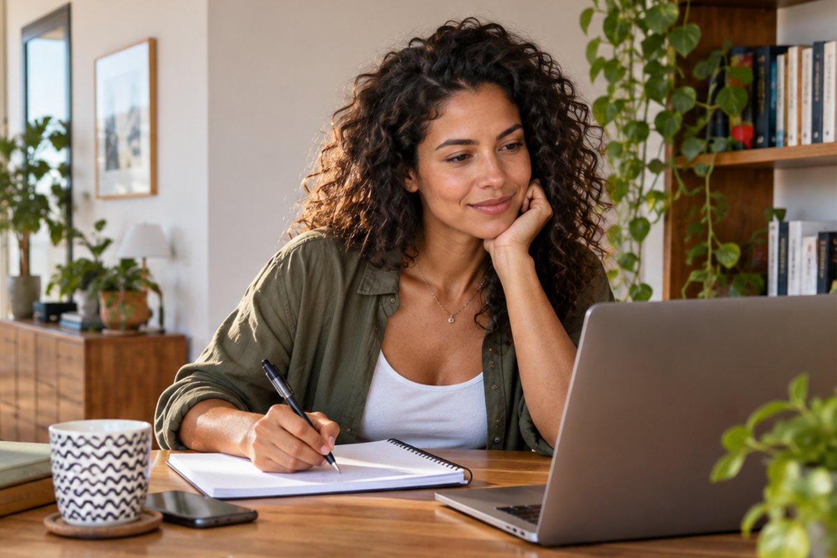 Mulher estuda com um computador em casa