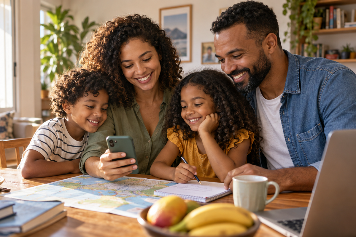 Família consulta opções de benefícios pelo celular