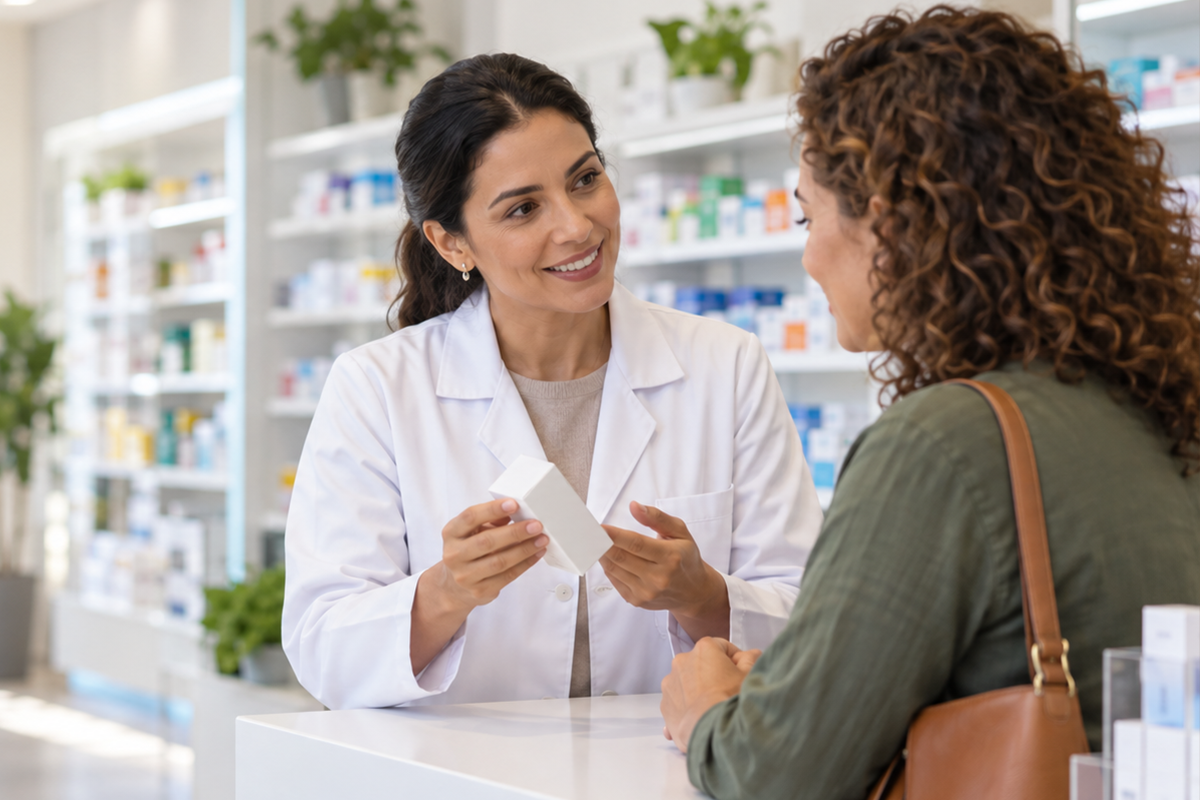 Farmacêutica orienta uma cliente sobre medicamentos