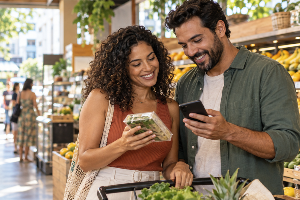 Casal consulta o celular durante as compras