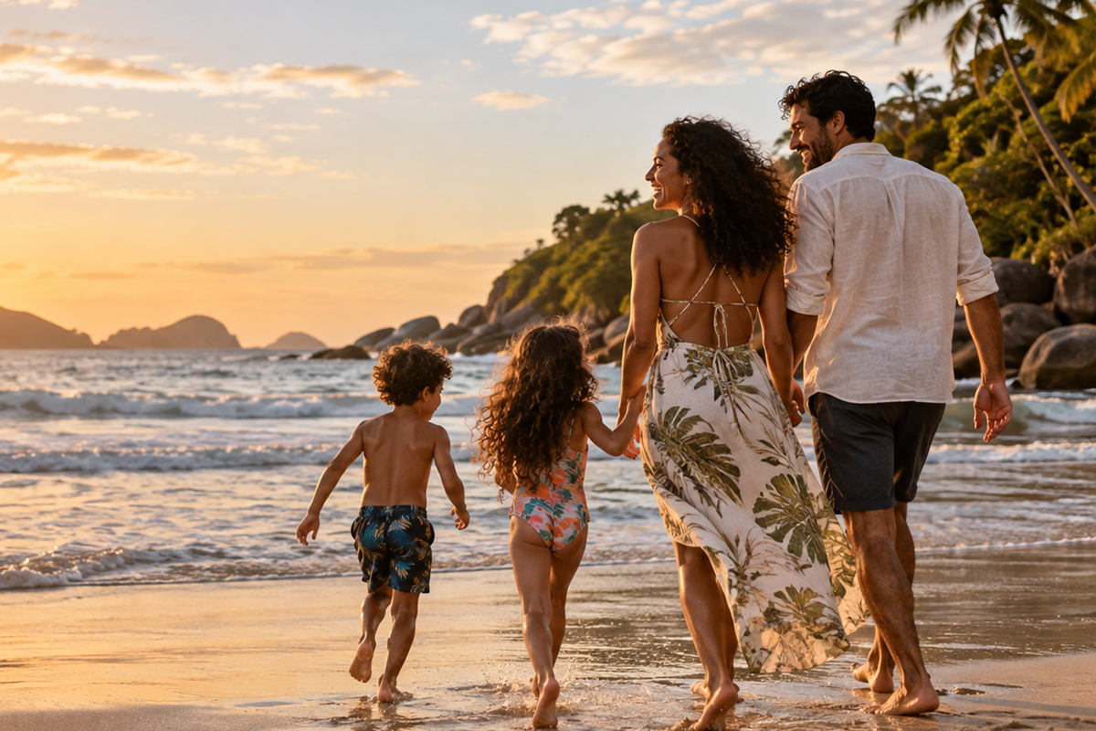 Família caminha na praia ao pôr do sol